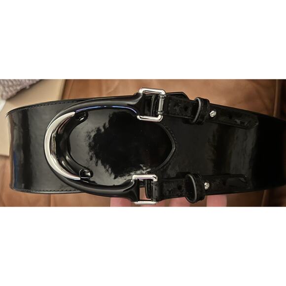 Lauren Ralph Lauren Patent Leather Stretch Corset Horse Shoe Black Belt XL main image 6
